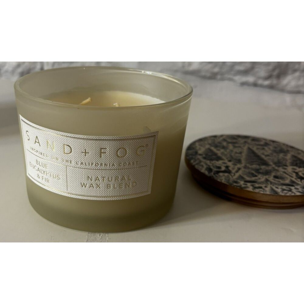 NEW Sand + Fog Blue Eucalyptus & Fir 2-Wick Winter Holiday Lid 12 oz Candle